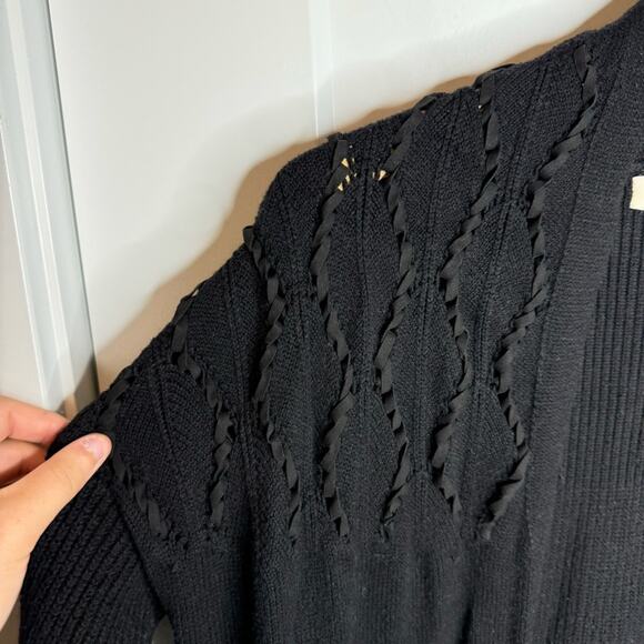Ramy Brook Black Lace Up Shoulder Detail Longline Cardigan Sweater Size Medium - Picture 3 of 9